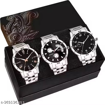 "Analogue Dial Silver Stainless Steel Strap Graceful Stylish Wrist Watch for Men and Boys" (Pack of 3)