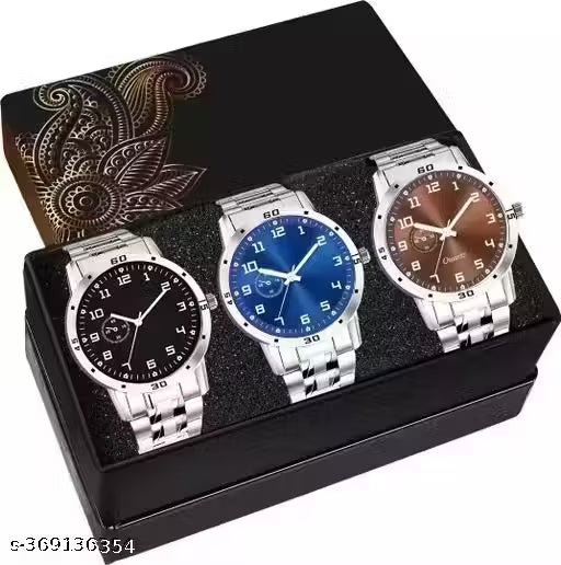 "Analogue Dial Silver Stainless Steel Strap Graceful Stylish Wrist Watch for Men and Boys" (Pack of 3)