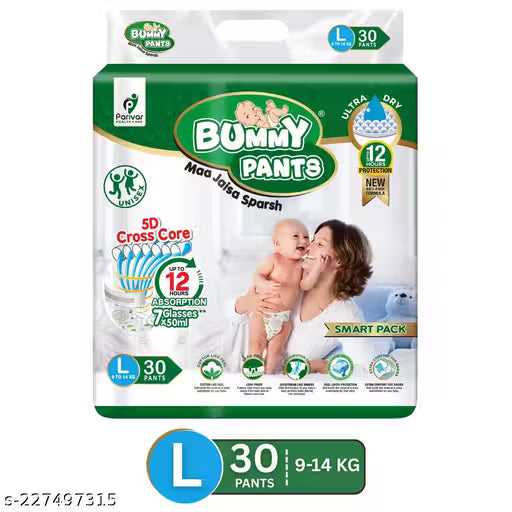 Bummy Pants Baby Diapers - Ultra Dry & Comfortable with 5D Cross Core Technology, 360° Soft Elastic Waistband & Up to 12-Hour Absorption | L (9-14 KG) | Pack of 1 | 30 Pieces