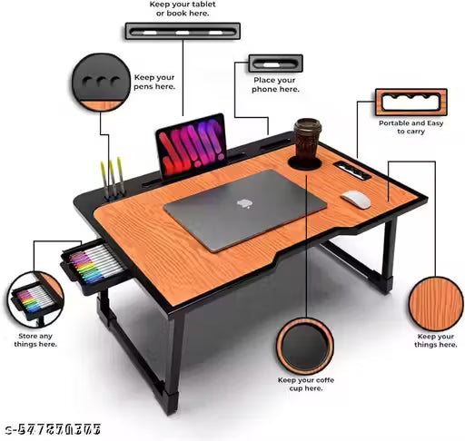 Foldable Wooden Mini Laptop Table for Bed, Study Table with Drawer, Tablet/Mobile Holder for Kids & Adults