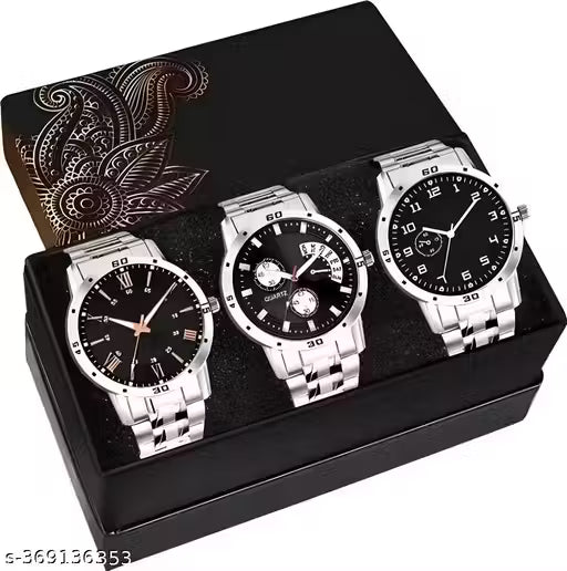 "Analogue Dial Silver Stainless Steel Strap Graceful Stylish Wrist Watch for Men and Boys" (Pack of 3)