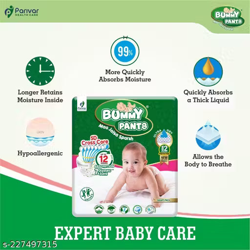 Bummy Pants Baby Diapers - Ultra Dry & Comfortable with 5D Cross Core Technology, 360° Soft Elastic Waistband & Up to 12-Hour Absorption | L (9-14 KG) | Pack of 1 | 30 Pieces